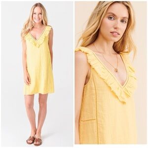 Faherty / NWT 100% Linen Yellow Ellis Frayed Ruffle Trim V-neck Shift Dress XS